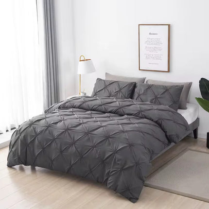 Set Lenjerie Brodata Uni, Model cu Pliuri, Bumbac Finet, 6 Piese, Pat 2 Persoane - Gri Antracit,Cod BR61