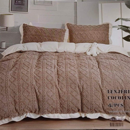Lenjerie Groasa Pat Cocolino 4Piese -Husa Pat,Cearcaf Plapuma+ 2 Fete Perna-Model Tricot |Cod 127 - Casa Super