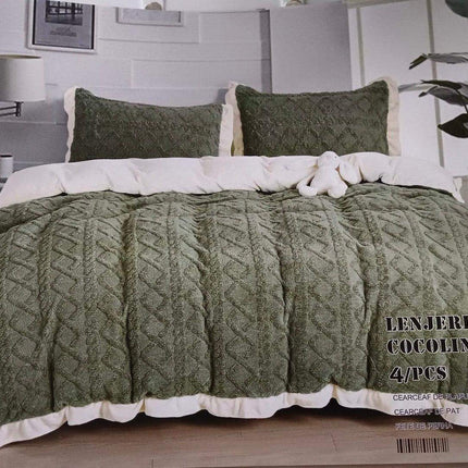Lenjerie Groasa Pat Cocolino 4Piese -Husa Pat,Cearcaf Plapuma+ 2 Fete Perna-Model Tricot |Cod 127 - Casa Super