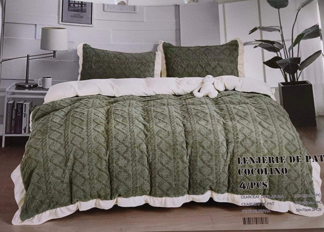 Lenjerie Groasa Pat Cocolino 4Piese -Husa Pat,Cearcaf Plapuma+ 2 Fete Perna-Model Tricot |Cod 127 - Casa Super