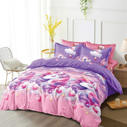 Lenjerie de Pat 6 Piese cu Elastic - Unicornul Roz