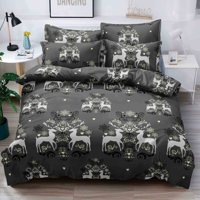 Lenjerie de Pat Dublu,Bumbac Finet 6 Piese cu Elastic,Model cu Reni ,Crăciun