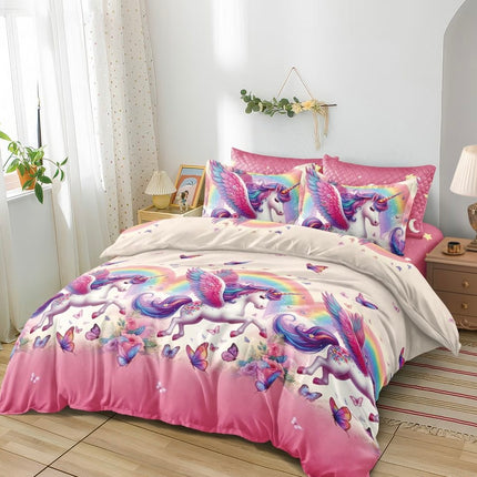 Lenjerie de Pat 6 Piese cu Elastic - Unicornul Curcubeu