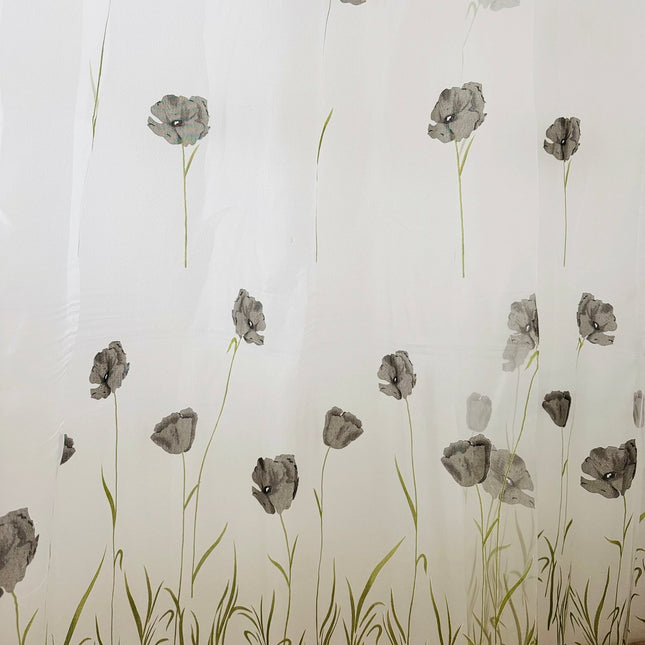 Perdea Organza Imprimata 2,7m x 4m - Gata Cusuta cu Tiv si Rejansa, Model Maci Gri Cod PO4