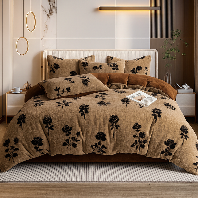 Set Lenjerie Cocolino 6 Piese Pat Dublu Bej cu Blanita Artificiala de Nurca - Model Flori Cod - LCN02