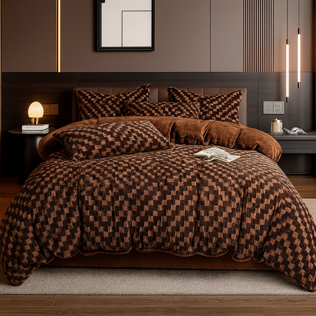 Set Lenjerie Cocolino 6 Piese Pat Dublu Maro cu Blanita Artificiala de Nurca - Model Geometric Cod - LCN05