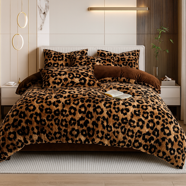 Set Lenjerie Cocolino 6 Piese Pat Dublu Bej cu Blanita Artificiala de Nurca - Model Animal Print Cod - LCN06