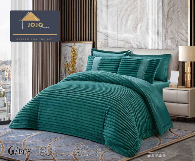 Lenjerie de Pat cu Pilota Inclusa, Blanita Artificiala de Iepure, Cearsaf cu Elastic, 6 Piese, Pat Dublu - Verde Smarald