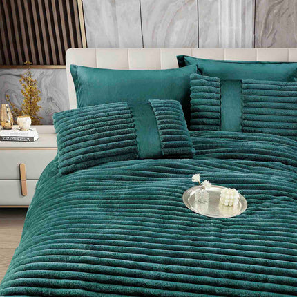 Lenjerie de Pat cu Pilota Inclusa, Blanita Artificiala de Iepure, Cearsaf cu Elastic, 6 Piese, Pat Dublu - Verde Smarald