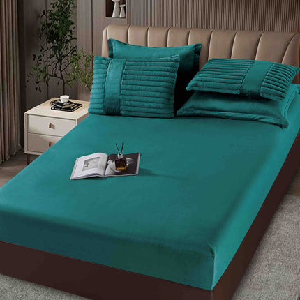 Lenjerie de Pat cu Pilota Inclusa, Blanita Artificiala de Iepure, Cearsaf cu Elastic, 6 Piese, Pat Dublu - Verde Smarald