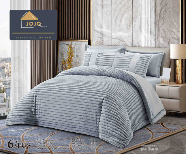 Lenjerie de Pat cu Pilota Inclusa, Blanita Artificiala de Iepure, Cearsaf cu Elastic, 6 Piese, Pat Dublu - Gri Deschis