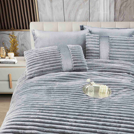 Lenjerie de Pat cu Pilota Inclusa, Blanita Artificiala de Iepure, Cearsaf cu Elastic, 6 Piese, Pat Dublu - Gri Deschis