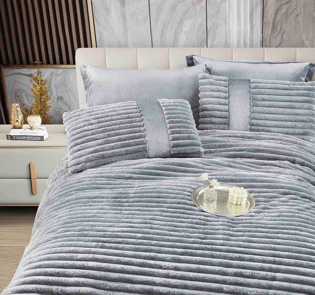 Lenjerie de Pat cu Pilota Inclusa, Blanita Artificiala de Iepure, Cearsaf cu Elastic, 6 Piese, Pat Dublu - Gri Deschis