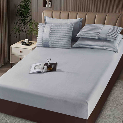 Lenjerie de Pat cu Pilota Inclusa, Blanita Artificiala de Iepure, Cearsaf cu Elastic, 6 Piese, Pat Dublu - Gri Deschis