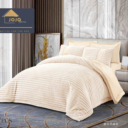 Lenjerie de Pat cu Pilota Inclusa, Blanita Artificiala de Iepure, Cearsaf cu Elastic, 6 Piese, Pat Dublu - Crem