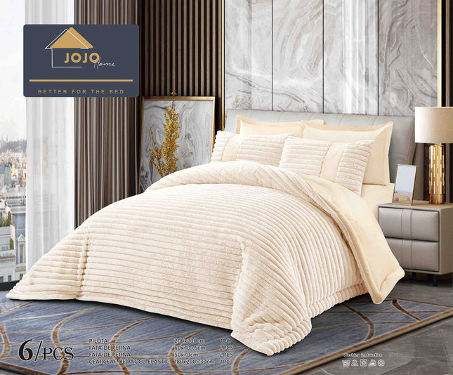 Lenjerie de Pat cu Pilota Inclusa, Blanita Artificiala de Iepure, Cearsaf cu Elastic, 6 Piese, Pat Dublu - Crem