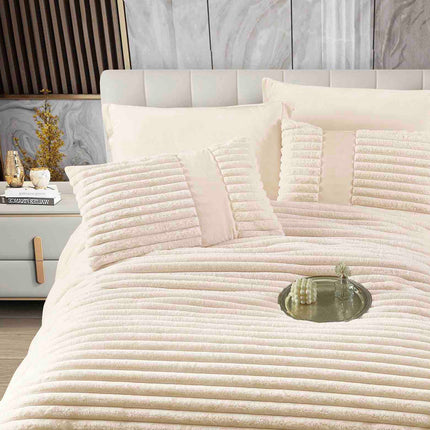 Lenjerie de Pat cu Pilota Inclusa, Blanita Artificiala de Iepure, Cearsaf cu Elastic, 6 Piese, Pat Dublu - Crem