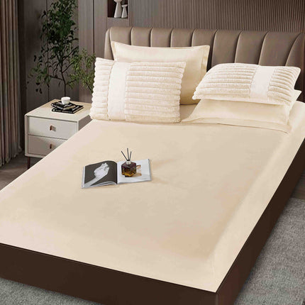 Lenjerie de Pat cu Pilota Inclusa, Blanita Artificiala de Iepure, Cearsaf cu Elastic, 6 Piese, Pat Dublu - Crem