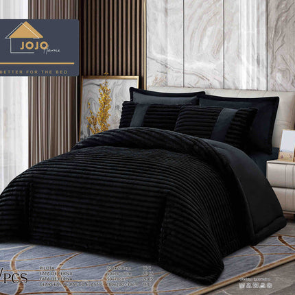 Lenjerie de Pat cu Pilota Inclusa, Blanita Artificiala de Iepure, Cearsaf cu Elastic, 6 Piese, Pat Dublu - Negru