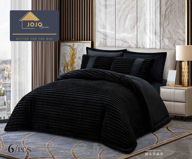 Lenjerie de Pat cu Pilota Inclusa, Blanita Artificiala de Iepure, Cearsaf cu Elastic, 6 Piese, Pat Dublu - Negru