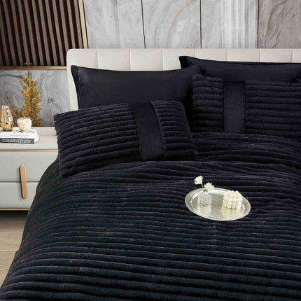 Lenjerie de Pat cu Pilota Inclusa, Blanita Artificiala de Iepure, Cearsaf cu Elastic, 6 Piese, Pat Dublu - Negru