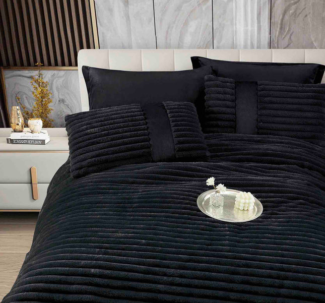 Lenjerie de Pat cu Pilota Inclusa, Blanita Artificiala de Iepure, Cearsaf cu Elastic, 6 Piese, Pat Dublu - Negru