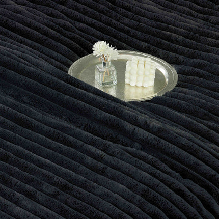 Lenjerie de Pat cu Pilota Inclusa, Blanita Artificiala de Iepure, Cearsaf cu Elastic, 6 Piese, Pat Dublu - Negru