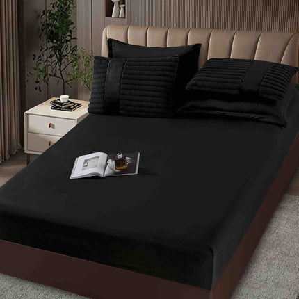 Lenjerie de Pat cu Pilota Inclusa, Blanita Artificiala de Iepure, Cearsaf cu Elastic, 6 Piese, Pat Dublu - Negru