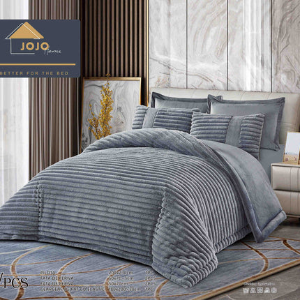 Lenjerie de Pat cu Pilota Inclusa, Blanita Artificiala de Iepure, Cearsaf cu Elastic, 6 Piese, Pat Dublu - Gri Inchis