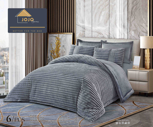 Lenjerie de Pat cu Pilota Inclusa, Blanita Artificiala de Iepure, Cearsaf cu Elastic, 6 Piese, Pat Dublu - Gri Inchis