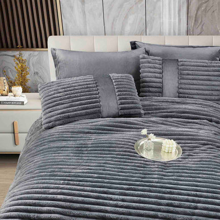 Lenjerie de Pat cu Pilota Inclusa, Blanita Artificiala de Iepure, Cearsaf cu Elastic, 6 Piese, Pat Dublu - Gri Inchis