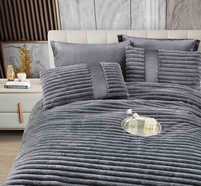 Lenjerie de Pat cu Pilota Inclusa, Blanita Artificiala de Iepure, Cearsaf cu Elastic, 6 Piese, Pat Dublu - Gri Inchis