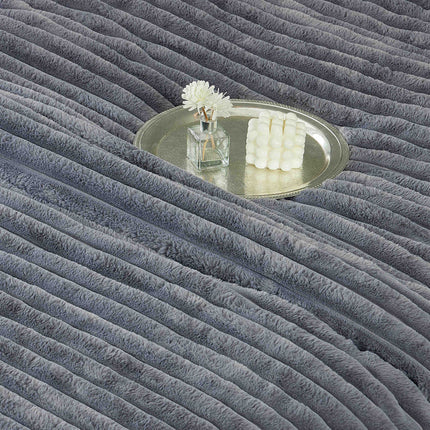 Lenjerie de Pat cu Pilota Inclusa, Blanita Artificiala de Iepure, Cearsaf cu Elastic, 6 Piese, Pat Dublu - Gri Inchis