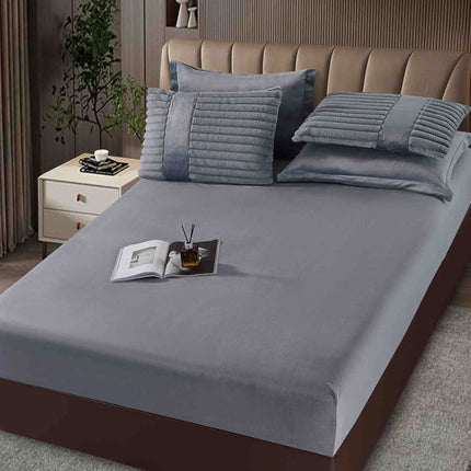 Lenjerie de Pat cu Pilota Inclusa, Blanita Artificiala de Iepure, Cearsaf cu Elastic, 6 Piese, Pat Dublu - Gri Inchis