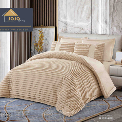 Lenjerie de Pat cu Pilota Inclusa, Blanita Artificiala de Iepure, Cearsaf cu Elastic, 6 Piese, Pat Dublu - Bej