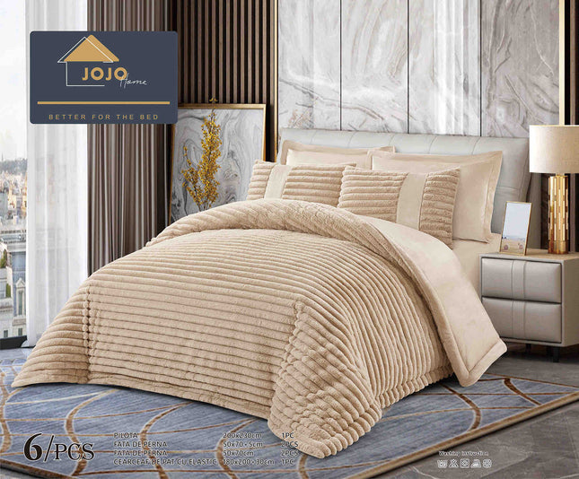 Lenjerie de Pat cu Pilota Inclusa, Blanita Artificiala de Iepure, Cearsaf cu Elastic, 6 Piese, Pat Dublu - Bej