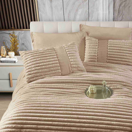 Lenjerie de Pat cu Pilota Inclusa, Blanita Artificiala de Iepure, Cearsaf cu Elastic, 6 Piese, Pat Dublu - Bej