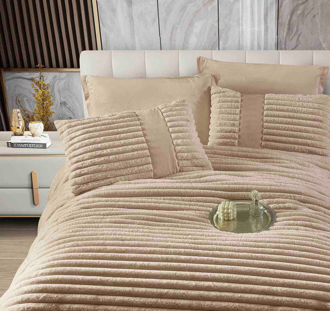 Lenjerie de Pat cu Pilota Inclusa, Blanita Artificiala de Iepure, Cearsaf cu Elastic, 6 Piese, Pat Dublu - Bej