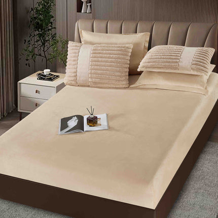 Lenjerie de Pat cu Pilota Inclusa, Blanita Artificiala de Iepure, Cearsaf cu Elastic, 6 Piese, Pat Dublu - Bej