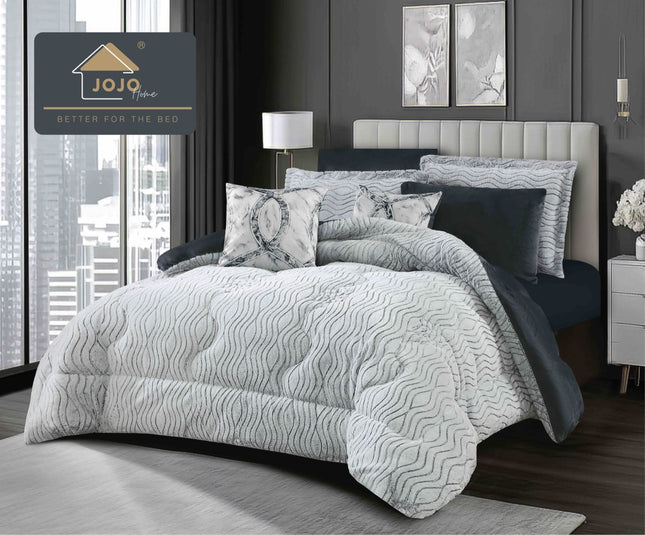 Lenjerie de Pat cu Pilota Inclusa, 2 Fete, Blanita Artificiala de Iepure, Cearsaf cu Elastic, 6 Piese, Pat Dublu - Gri Antracit