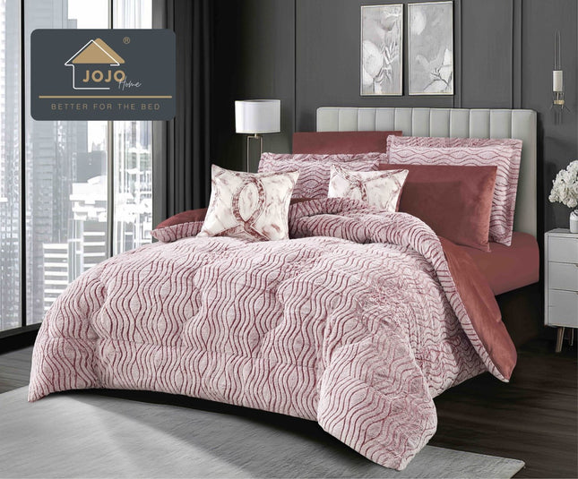 Lenjerie de Pat cu Pilota Inclusa, 2 Fete, Blanita Artificiala de Iepure, Cearsaf cu Elastic, 6 Piese, Pat Dublu - Visiniu