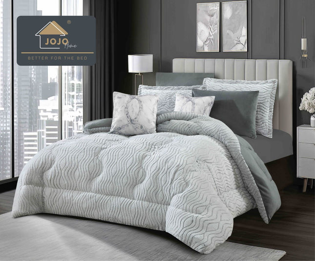 Lenjerie de Pat cu Pilota Inclusa, 2 Fete, Blanita Artificiala de Iepure, Cearsaf cu Elastic, 6 Piese, Pat Dublu - Gri Deschis