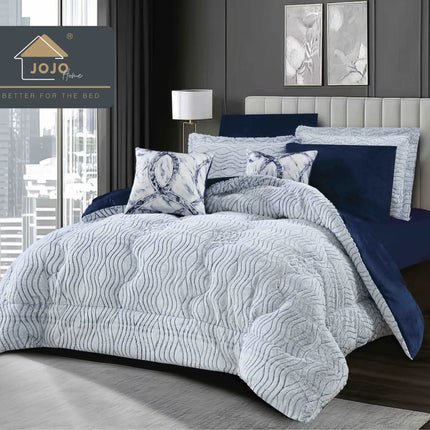 Lenjerie de Pat cu Pilota Inclusa, 2 Fete, Blanita Artificiala de Iepure, Cearsaf cu Elastic, 6 Piese, Pat Dublu - Albastru