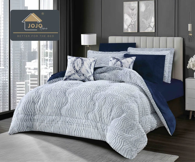 Lenjerie de Pat cu Pilota Inclusa, 2 Fete, Blanita Artificiala de Iepure, Cearsaf cu Elastic, 6 Piese, Pat Dublu - Albastru