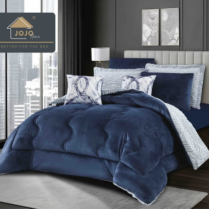 Lenjerie de Pat cu Pilota Inclusa, 2 Fete, Blanita Artificiala de Iepure, Cearsaf cu Elastic, 6 Piese, Pat Dublu - Albastru