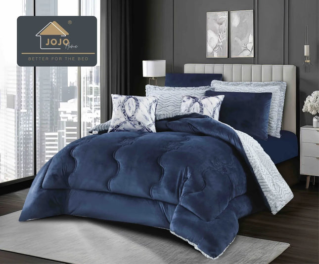 Lenjerie de Pat cu Pilota Inclusa, 2 Fete, Blanita Artificiala de Iepure, Cearsaf cu Elastic, 6 Piese, Pat Dublu - Albastru