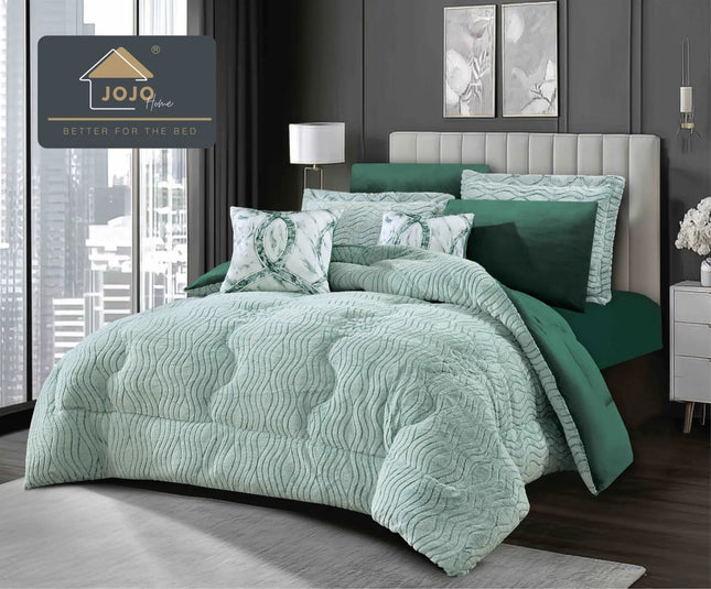 Lenjerie de Pat cu Pilota Inclusa, 2 Fete, Blanita Artificiala de Iepure, Cearsaf cu Elastic, 6 Piese, Pat Dublu - Verde Smarald