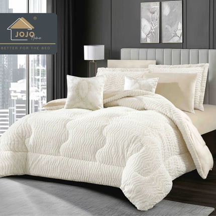 Lenjerie de Pat cu Pilota Inclusa, 2 Fete, Blanita Artificiala de Iepure, Cearsaf cu Elastic, 6 Piese, Pat Dublu - Crem