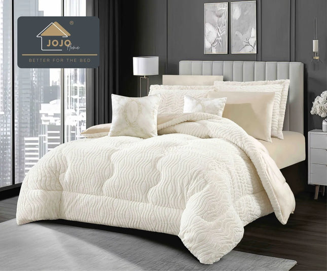 Lenjerie de Pat cu Pilota Inclusa, 2 Fete, Blanita Artificiala de Iepure, Cearsaf cu Elastic, 6 Piese, Pat Dublu - Crem