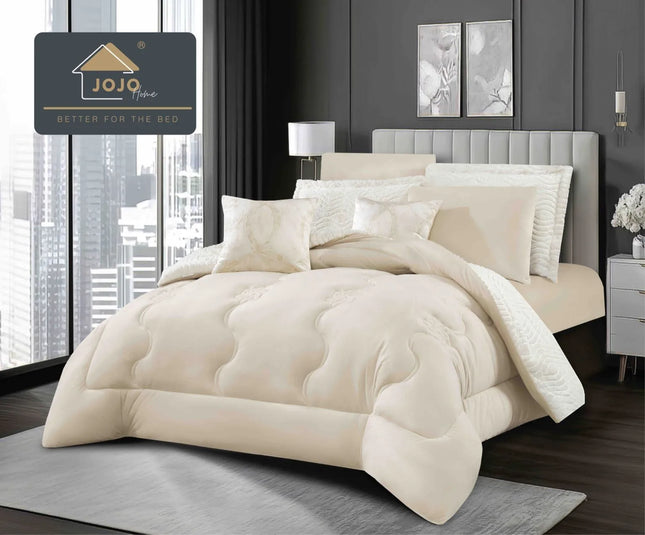 Lenjerie de Pat cu Pilota Inclusa, 2 Fete, Blanita Artificiala de Iepure, Cearsaf cu Elastic, 6 Piese, Pat Dublu - Crem